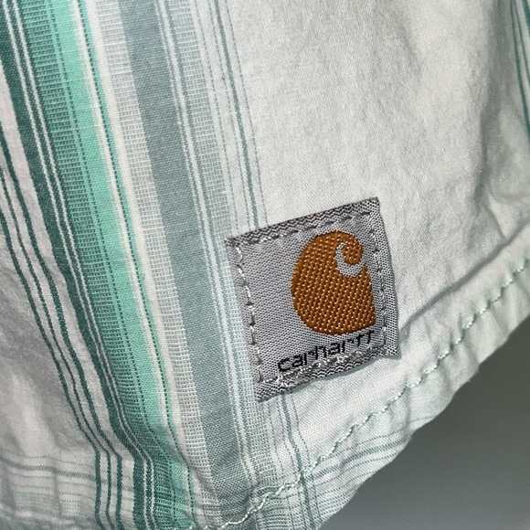 Carhartt Women’s Heron Green White Plaid 3/4 Sleeves Button Down Blouse M 8/10 - Picture 6 of 14
